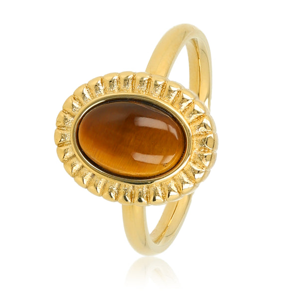 Ring met Ovale Edelsteen en Ribbelrand • Tiger Eye