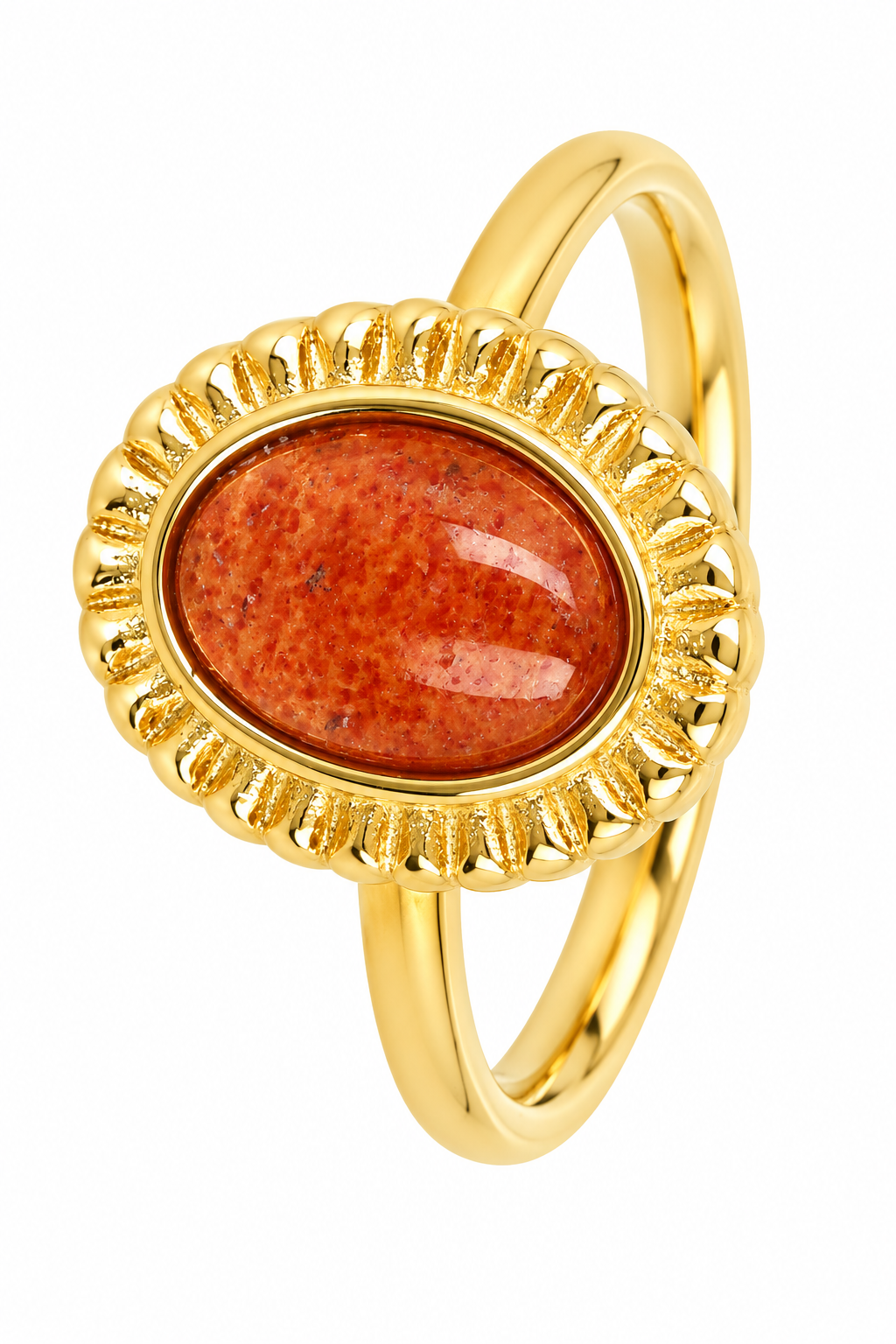 Ring mit ovalem Edelstein und geriffeltem Rand • Berry Quartz