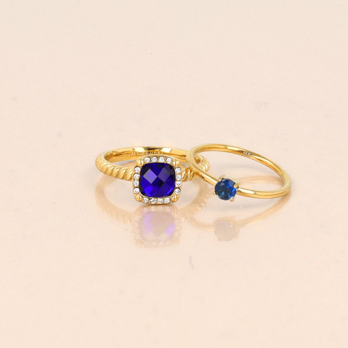 Ribbed Ring with Square Glass Stone & Cubic Zirconia • Cobalt Blue