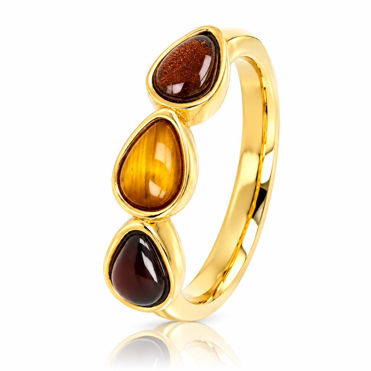 Teardrop Ring with Gemstones • Tiger Eye, Brown Quartz & Agate