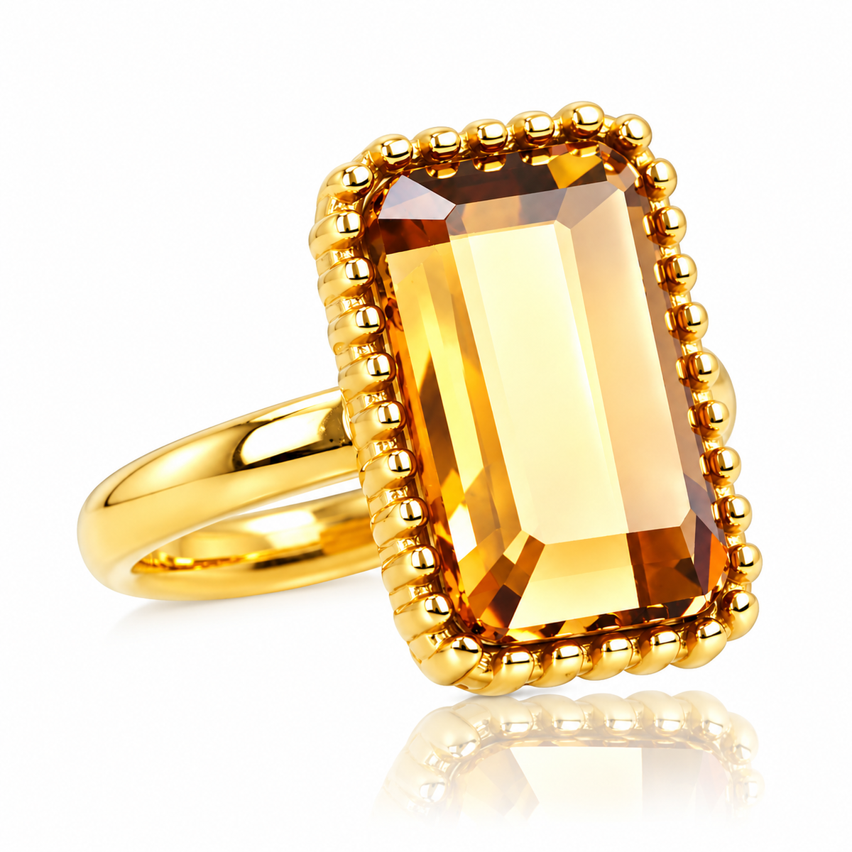Ring with Rectangular Glass Stone and Beaded Edge • Smoky Topaz