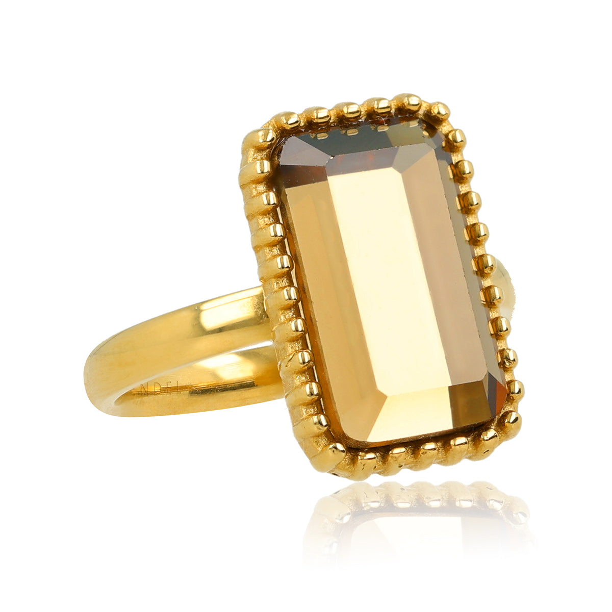 Ring met Rechthoekige Glassteen en Bolletjesrand • Smoky Topaz