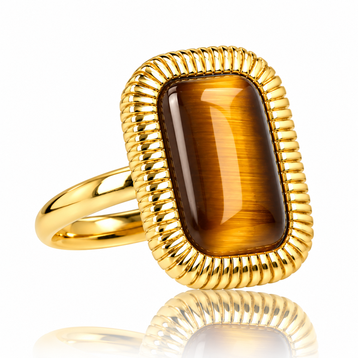 Statement Ring with Rectangular Gemstone and Ribbed Edge • Tiger Eye