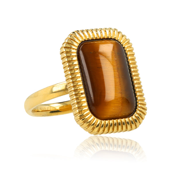 Statement Ring met Rechthoekige Edelsteen en Ribbelrand • Tiger Eye