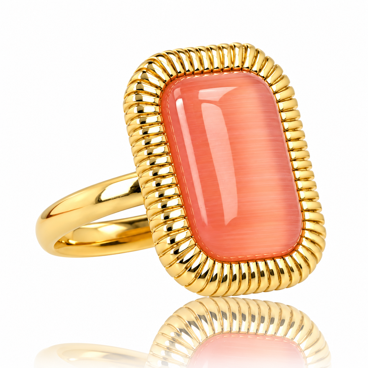 Statement Ring with Rectangular Gemstone and Ribbed Edge • Pink Moonstone