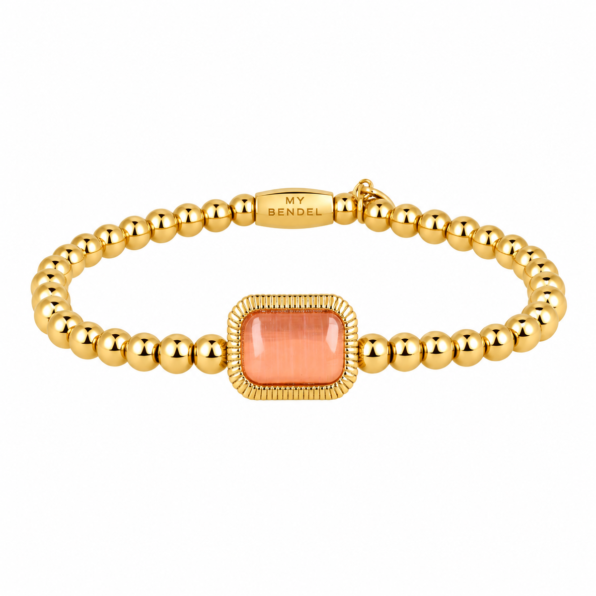 Armband mit rechteckigem Edelstein und geriffeltem Rand • Pinker Mondstein