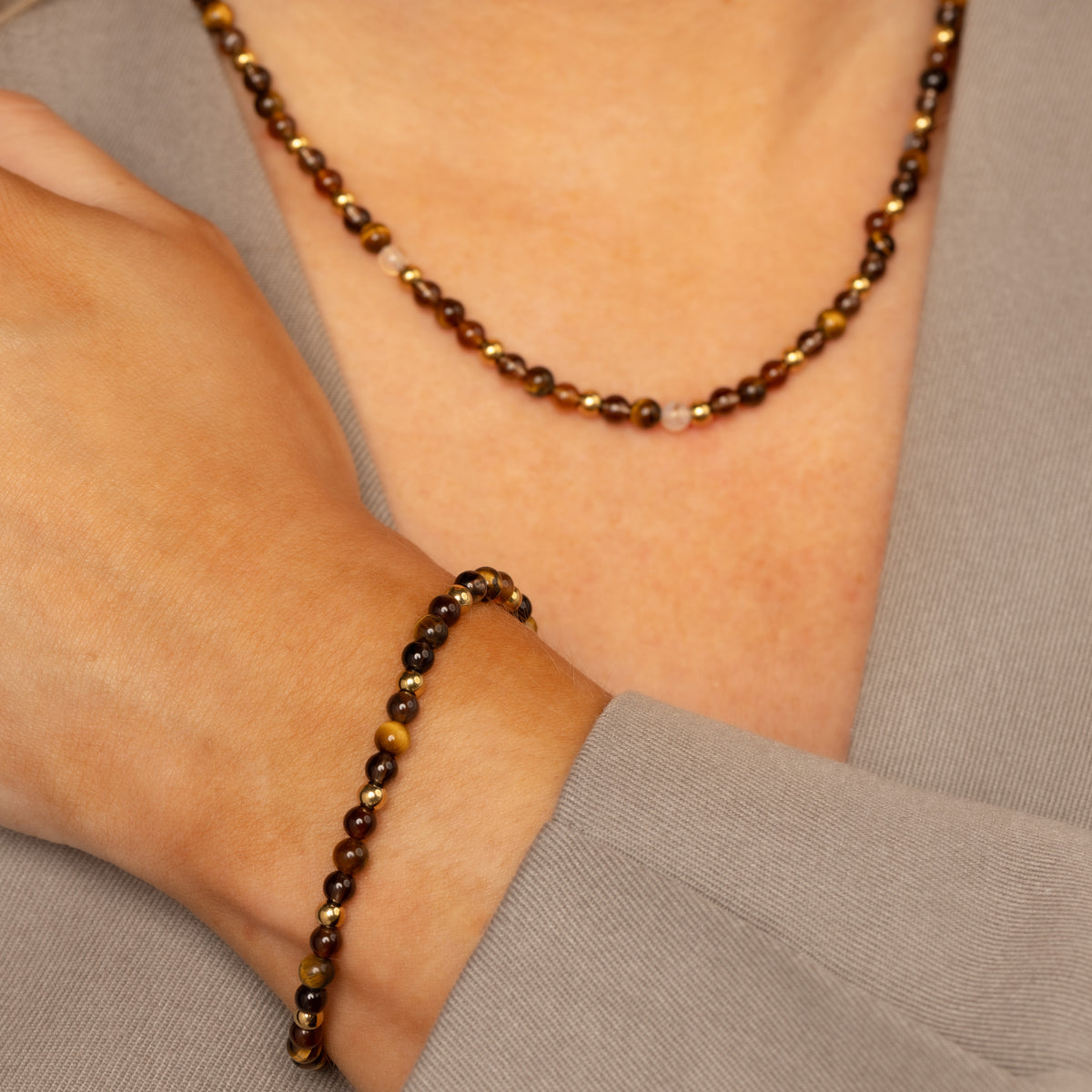 Beaded Necklace with Various Gemstones • Tiger Eye, Brown Quartz & Agate