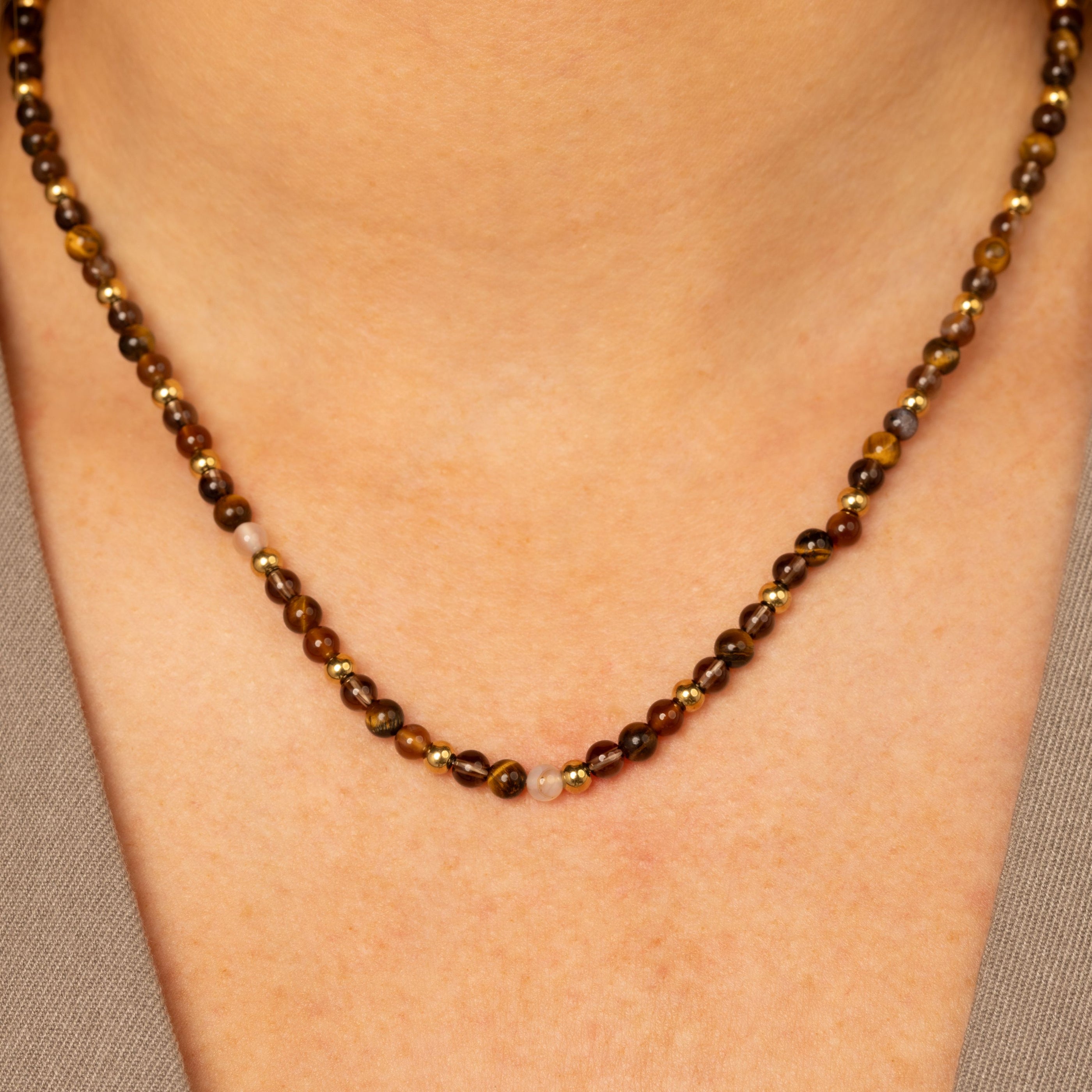 Kralenketting met Verschillende Edelstenen • Tiger Eye, Brown Quartz & Agate