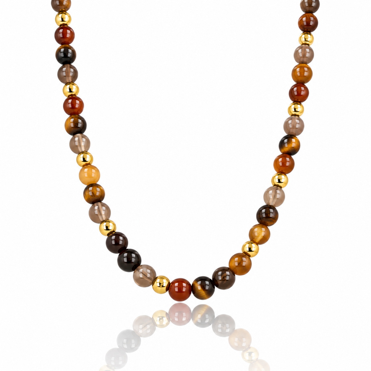 Beaded Necklace with Various Gemstones • Tiger Eye, Brown Quartz & Agate