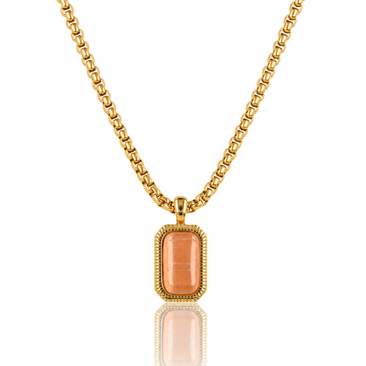 Necklace with Rectangular Gemstone and Ridged Edge • Pink Moonstone