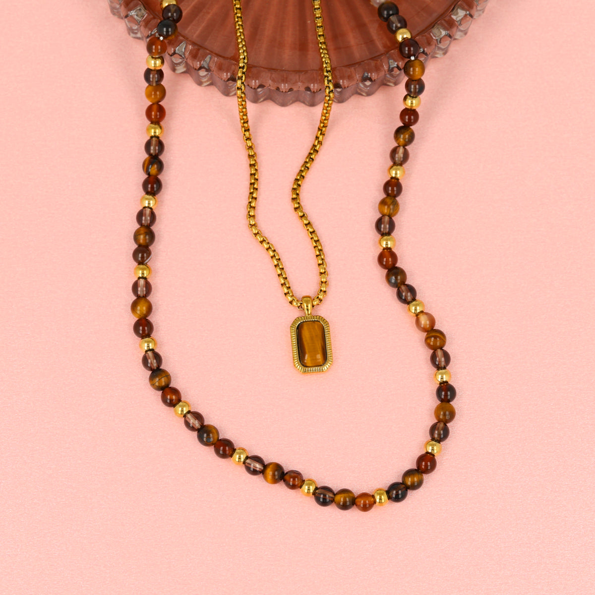 Beaded Necklace with Various Gemstones • Tiger Eye, Brown Quartz & Agate