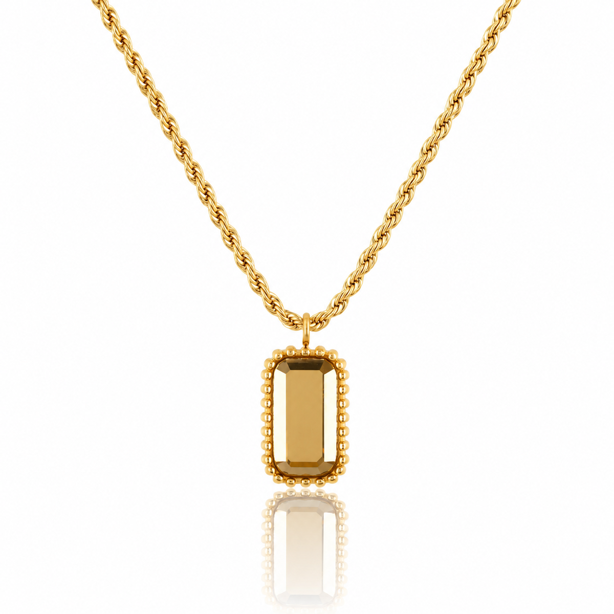 Necklace with Rectangular Glass Stone and Beaded Edge • Smoky Topaz