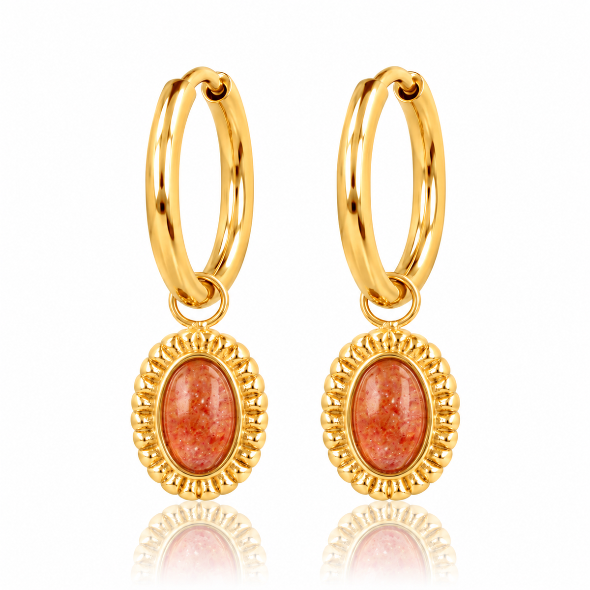 Oorbellen met Ovale Edelsteen en Ribbelrand • Berry Quartz