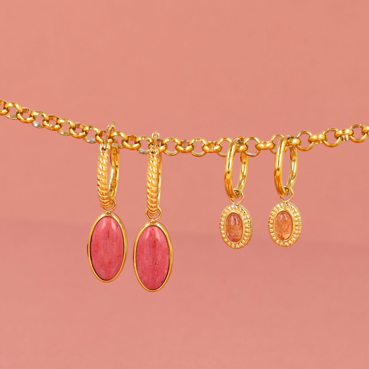 Ridged Hoop Earrings with Oval Gemstone • Rhodonite