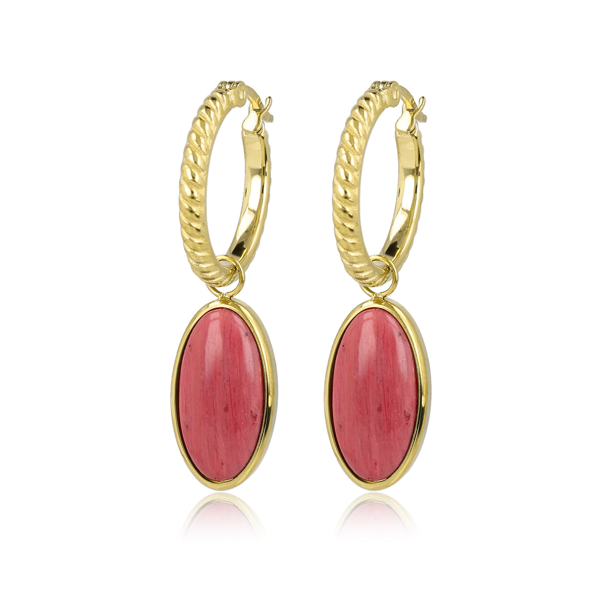 Ridged Hoop Earrings with Oval Gemstone • Rhodonite