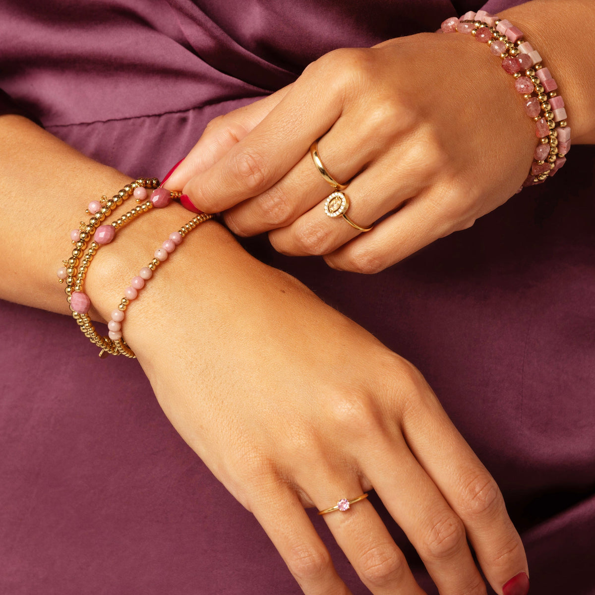 Elastic Bracelet with Round Gemstone Charms • Rhodonite