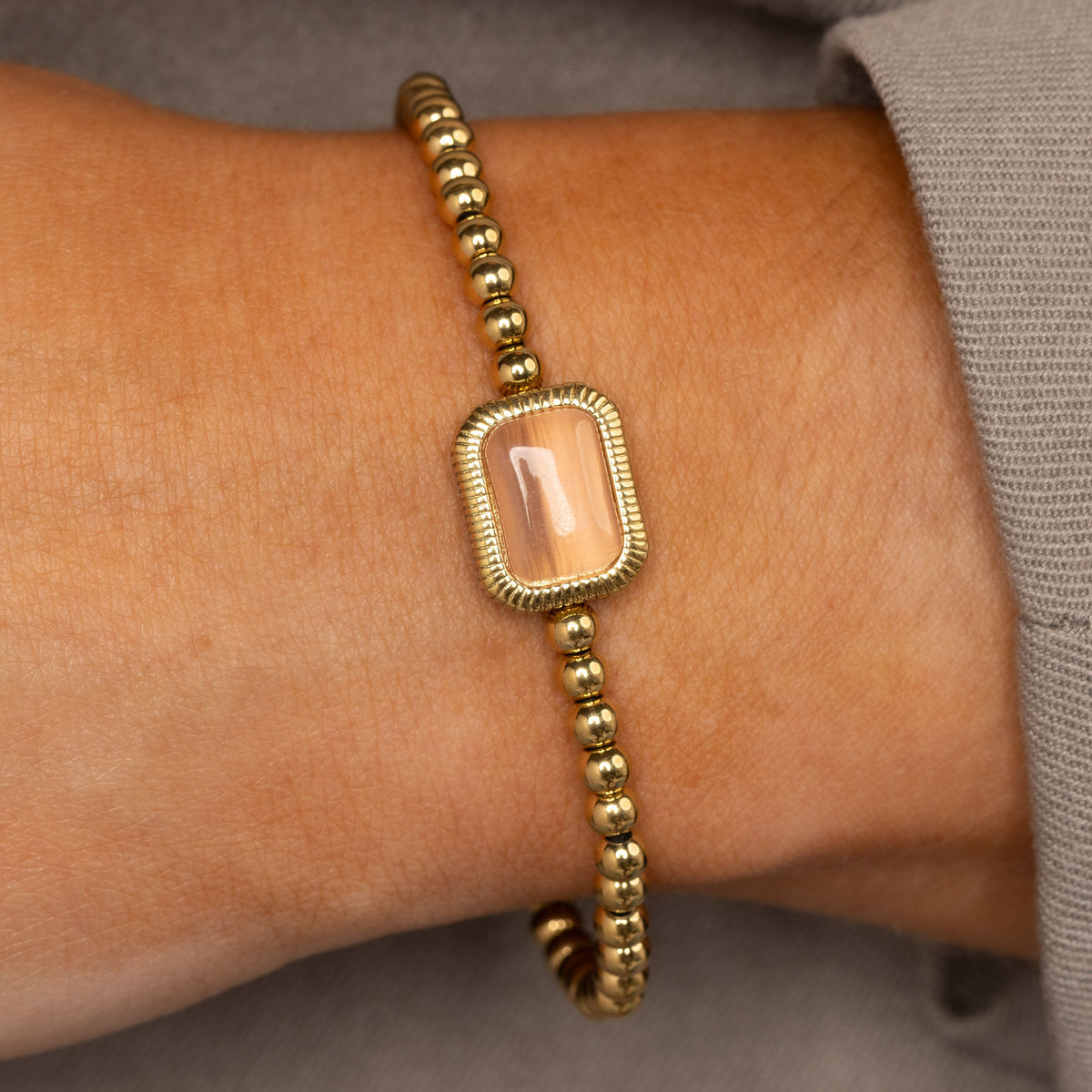Bracelet with Rectangular Gemstone and Ridged Edge • Pink Moonstone