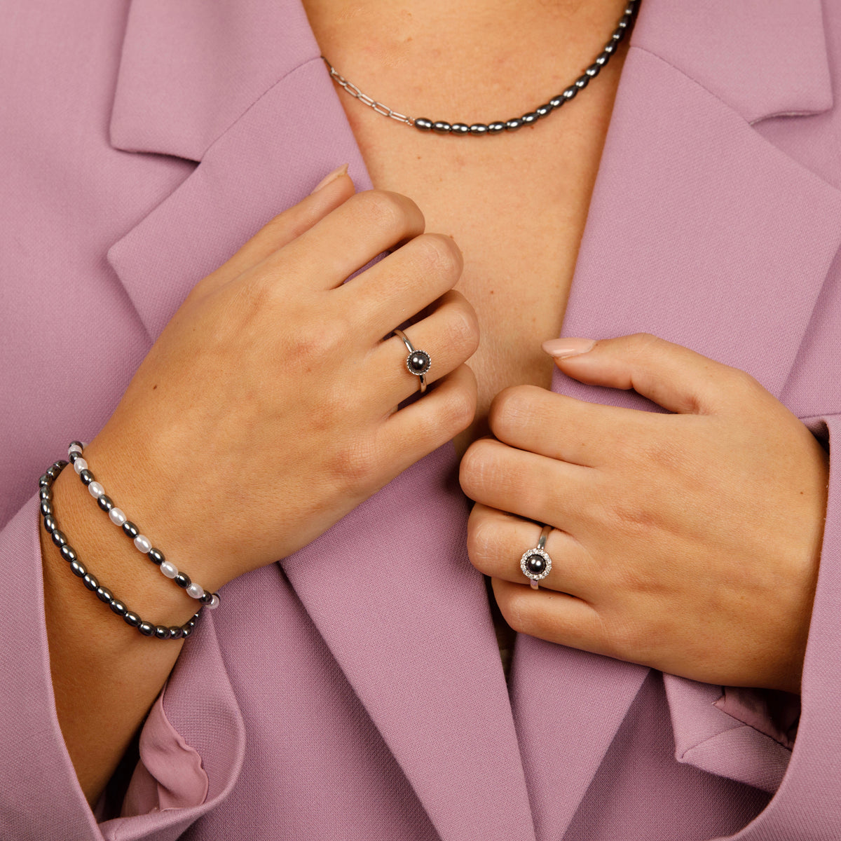 Silver Link Chain with Black Pearls