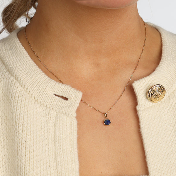 Golden Chain with Blue Aventurine Hexagon Pendant