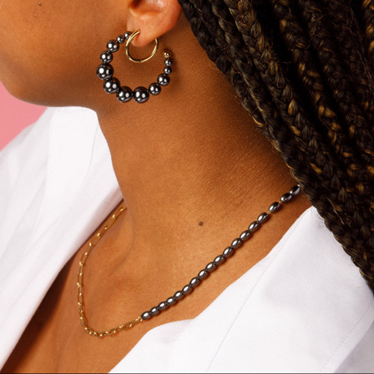Gold Link Chain with Black Pearls