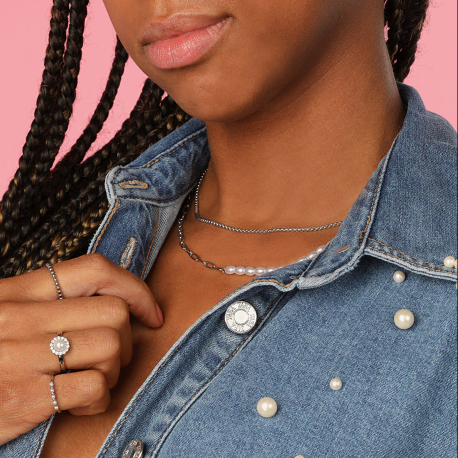 Silver Link Chain with Oval White Pearls