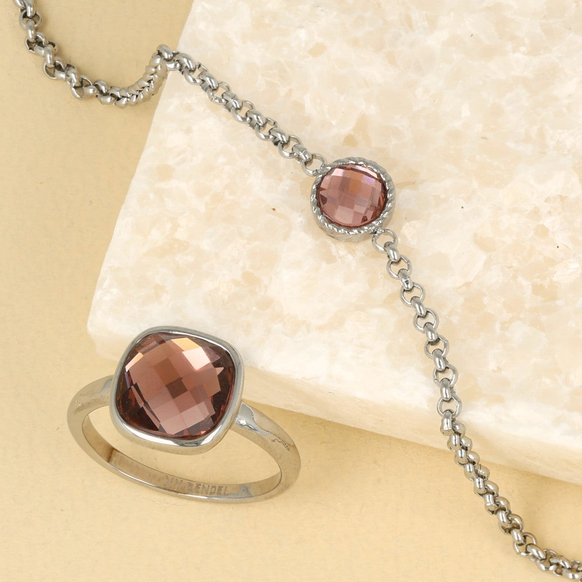 Silver ring - pink faceted crystal glass stone