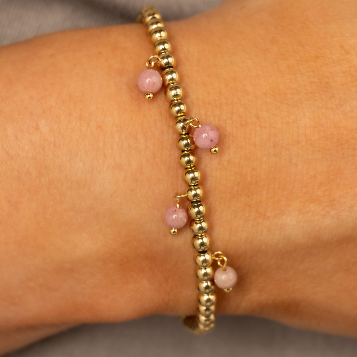 Elastic Bracelet with Round Gemstone Charms • Rhodonite