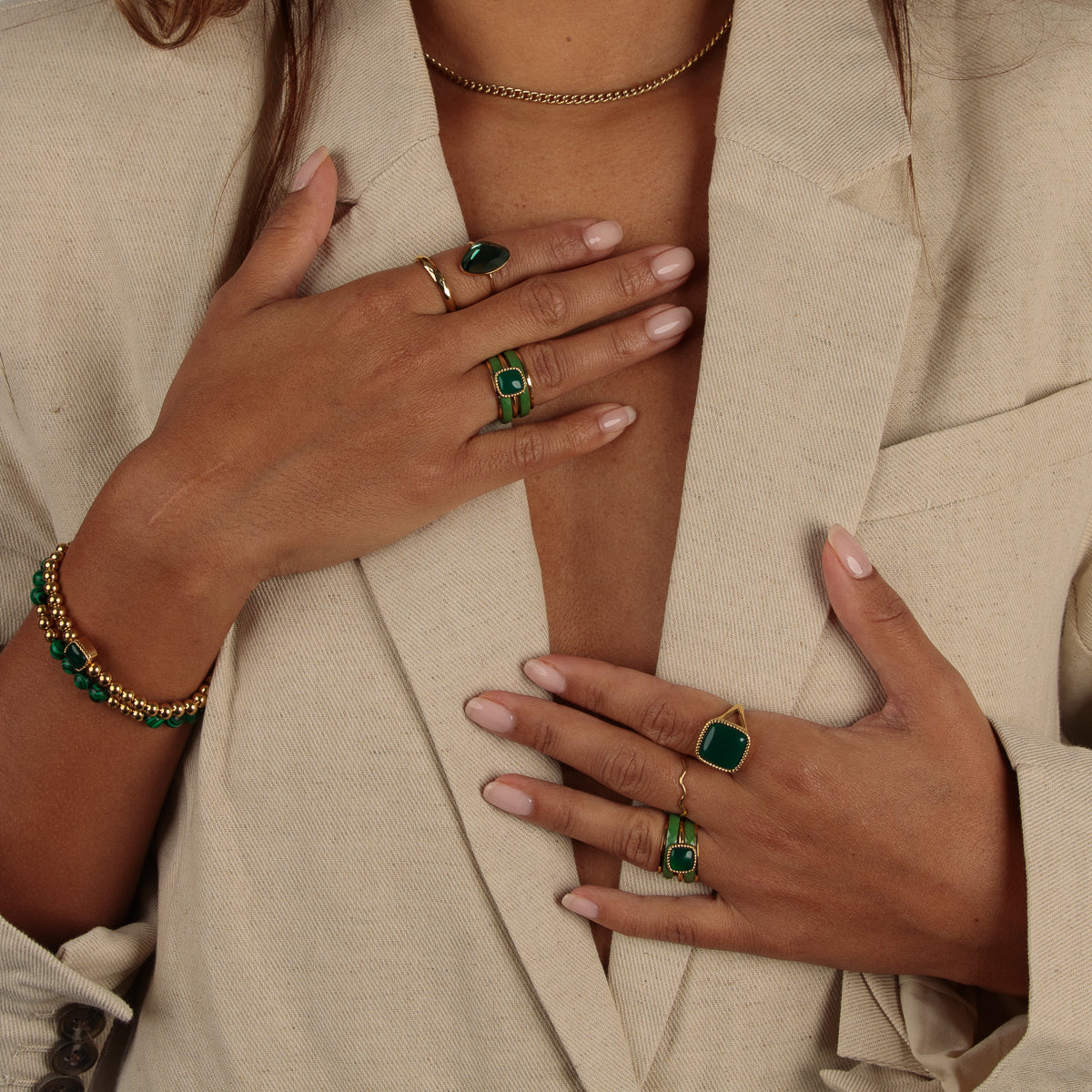 Gouden Elastische Armband met Green Agate Edelsteen