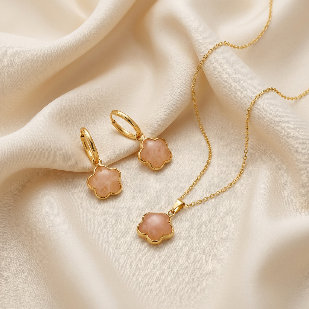 Set Rose Quartz Bloemen sieraden