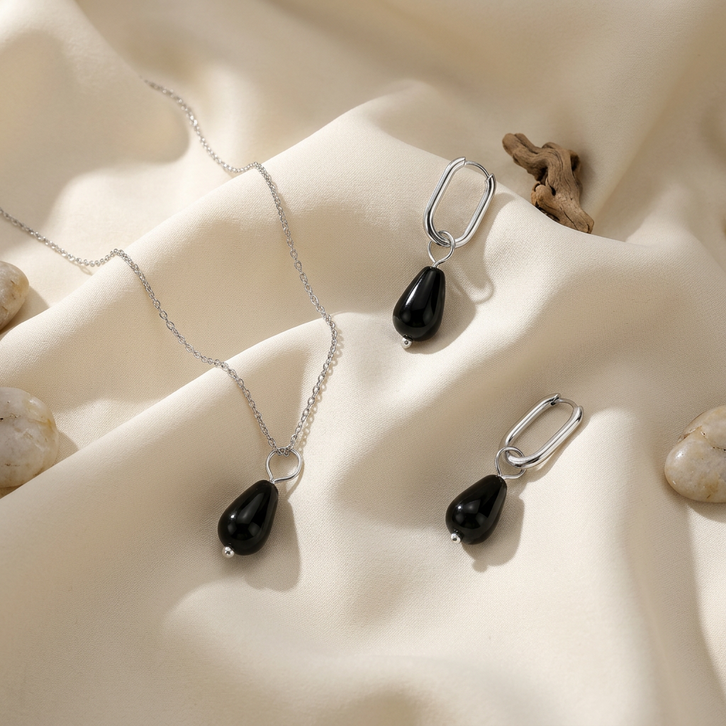 Onyx-Schmuckset Silber – Birnenförmiger Anhänger