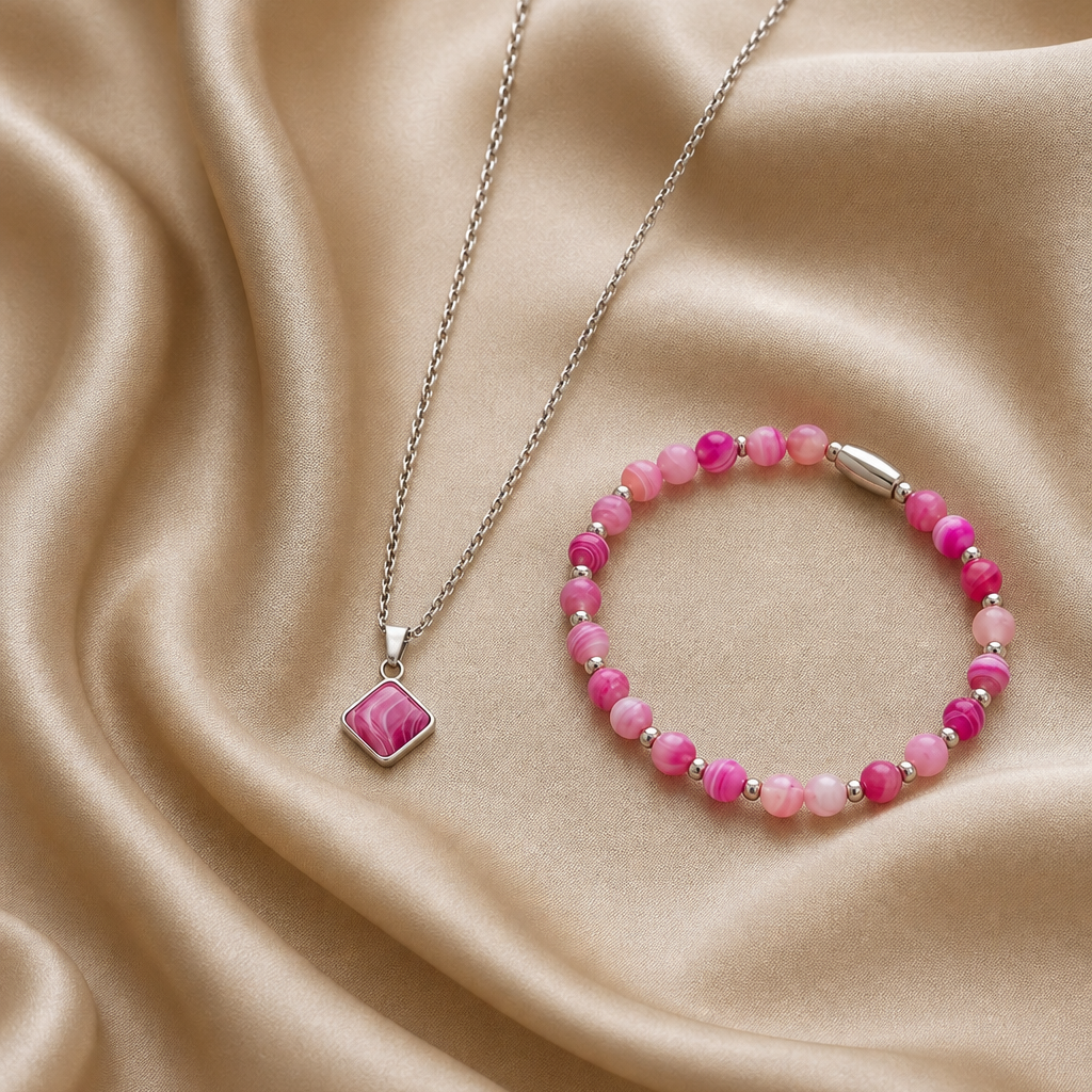 Jewelry Set Rose Stripe Agate Silver