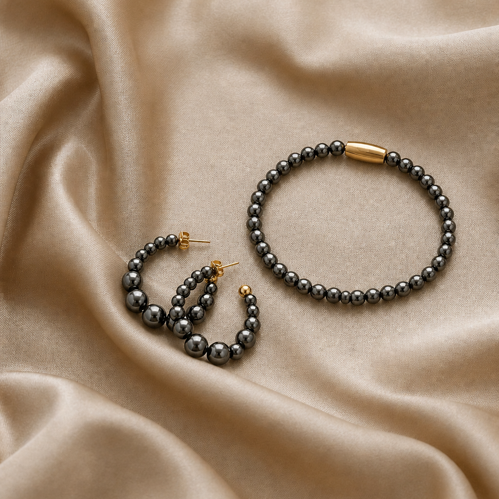 Schmuckset schwarze Perlen - Gold