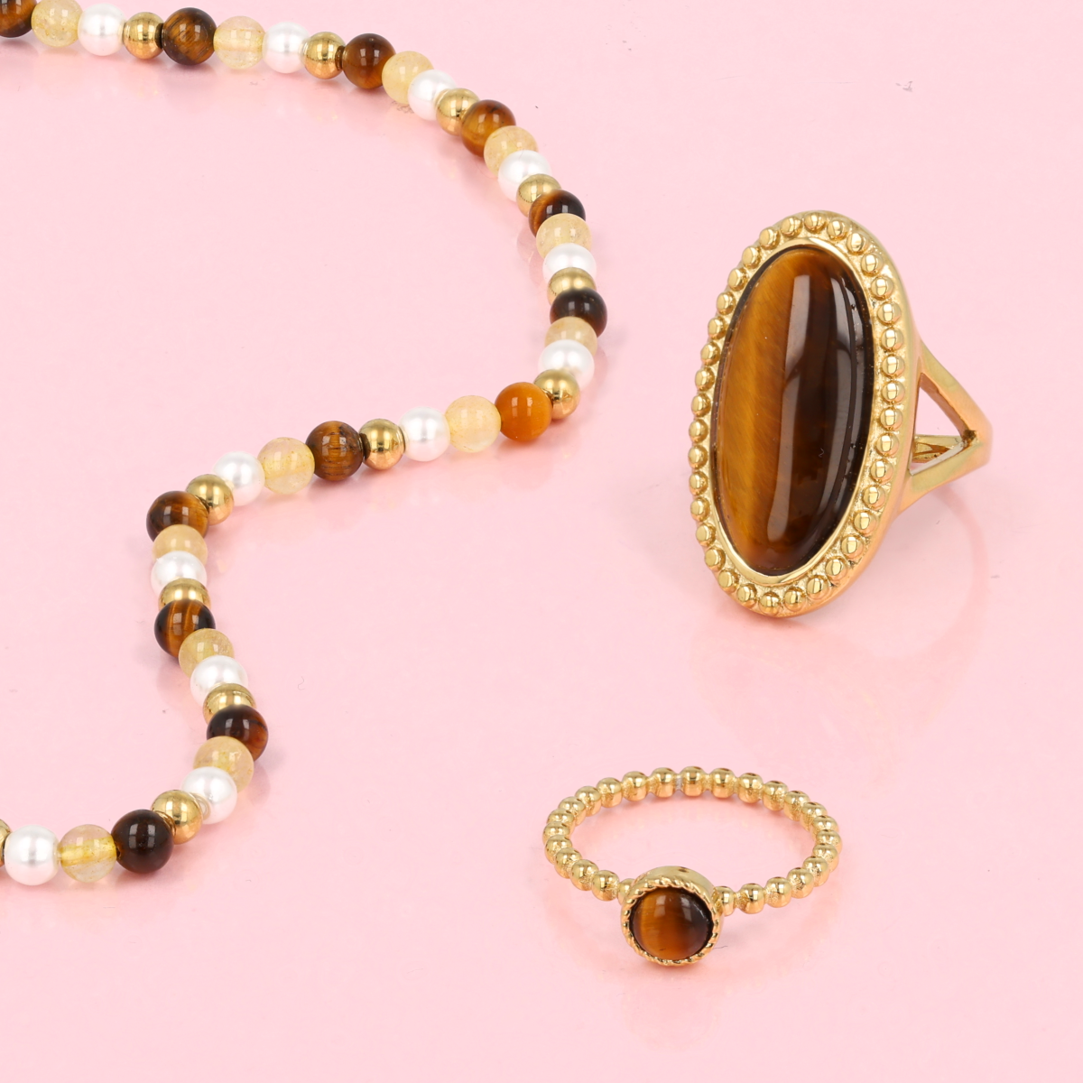 Beaded Necklace with Various Precious Stones - Tiger's Eye, Citrine, and Pearls