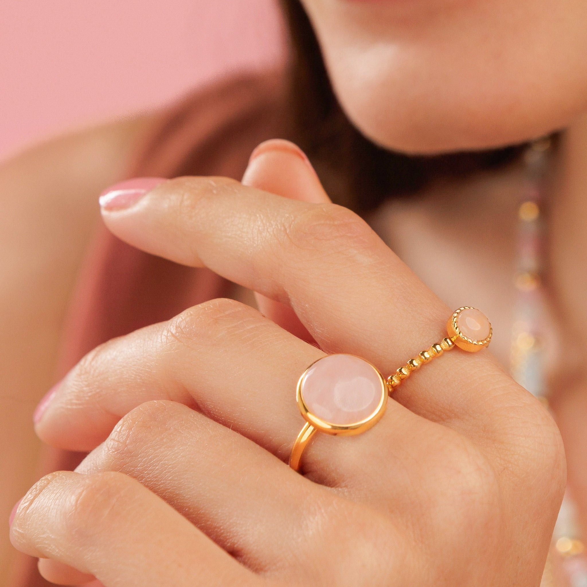 Beaded Ring with Round Gemstone • Rose Quartz