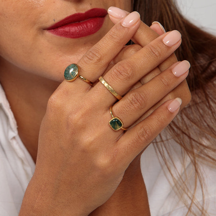 Modern Gold Ring with Moss Agate Gemstone