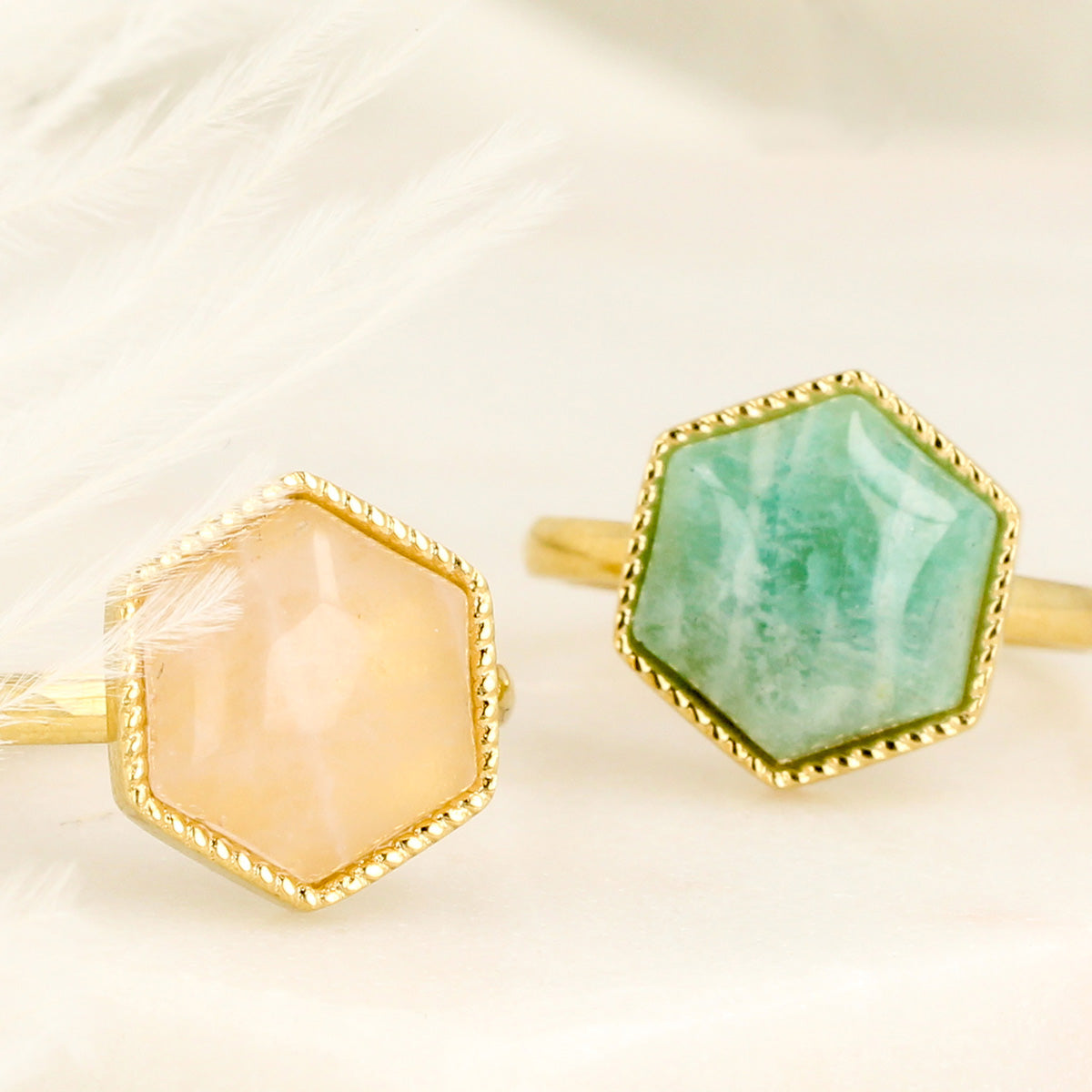 Golden Hexagon Ring with Rose Quartz Gemstone