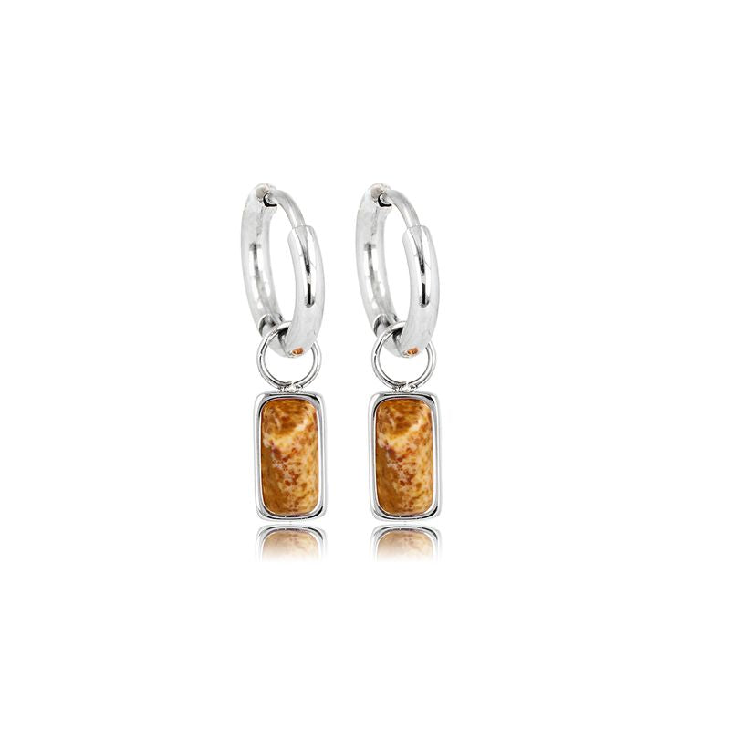 Elegante Kombination aus glattem, rundem silbernem Creolen-Ohrring mit Picture Jasper Anhänger