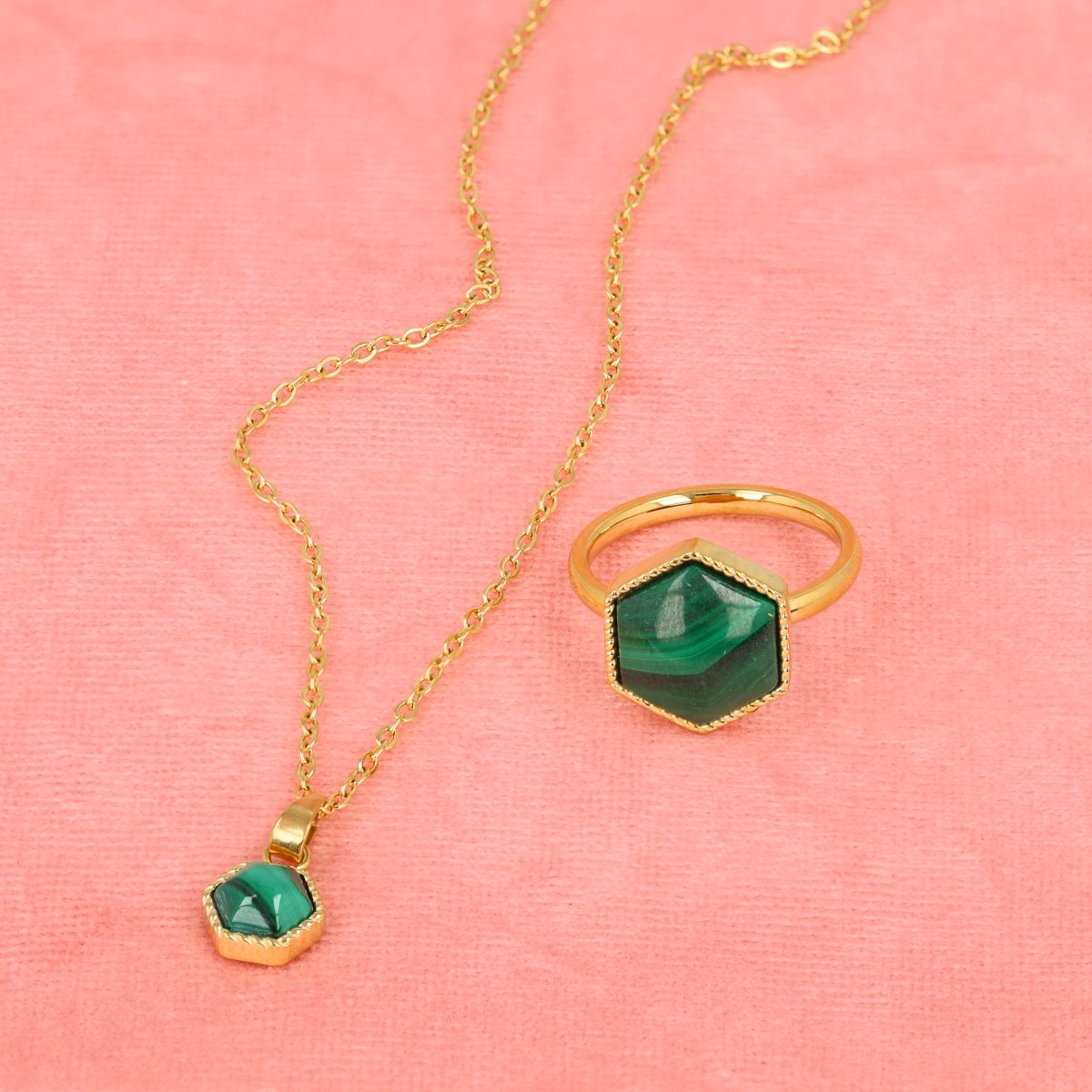 Set Gold mit Malachit-Edelstein – Ring und Kette