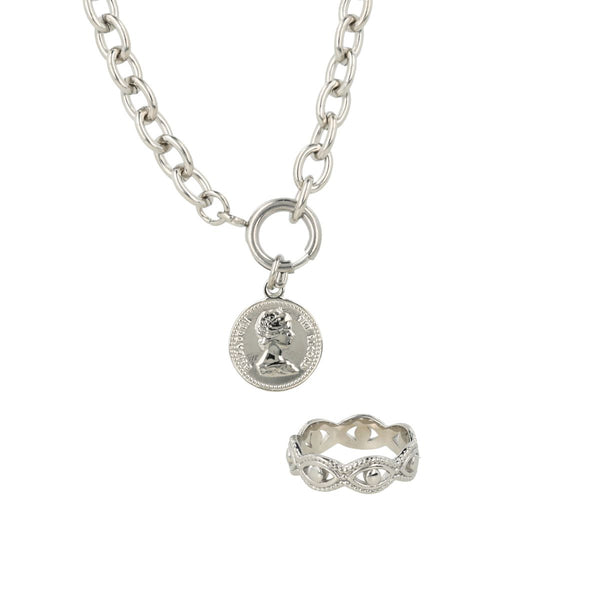 Zilveren sieraden set - ketting met muntje