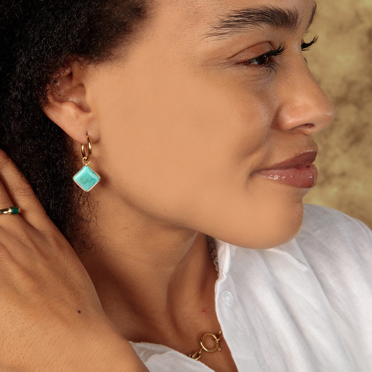 Gold-colored Hoop Earring with Amazonite Diamond Pendant
