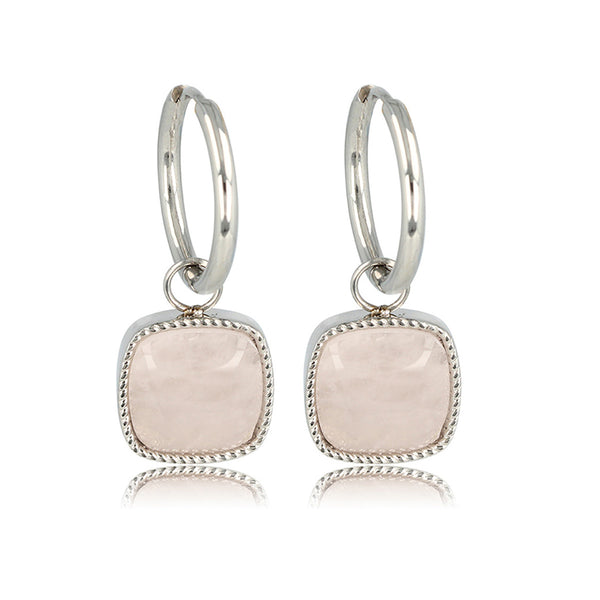 Zilveren Oorring met Grote Rose Quartz Edelsteen