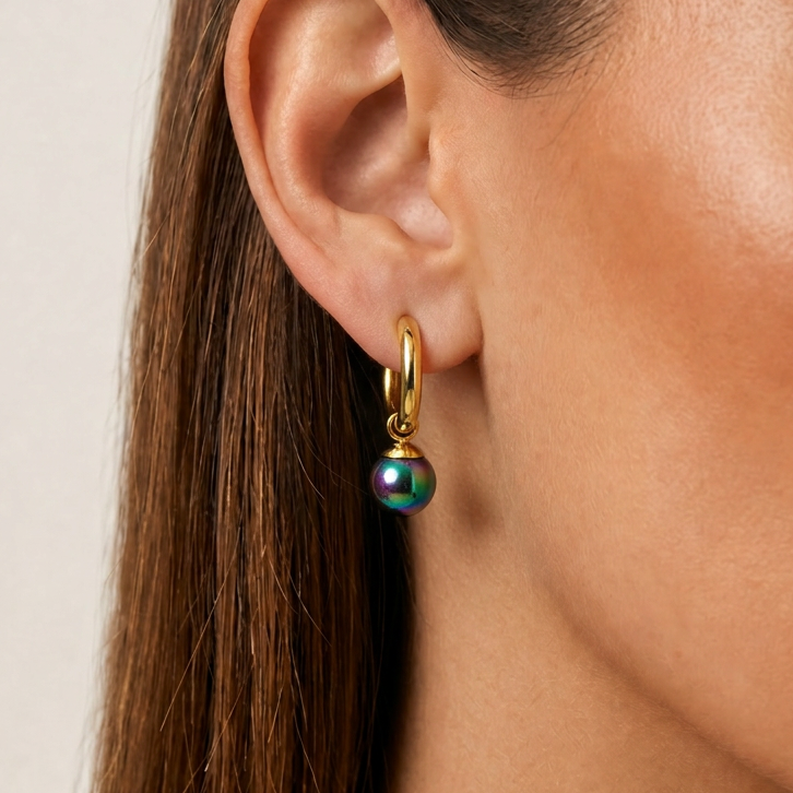 Golden Earrings with Mystical Black Pearl