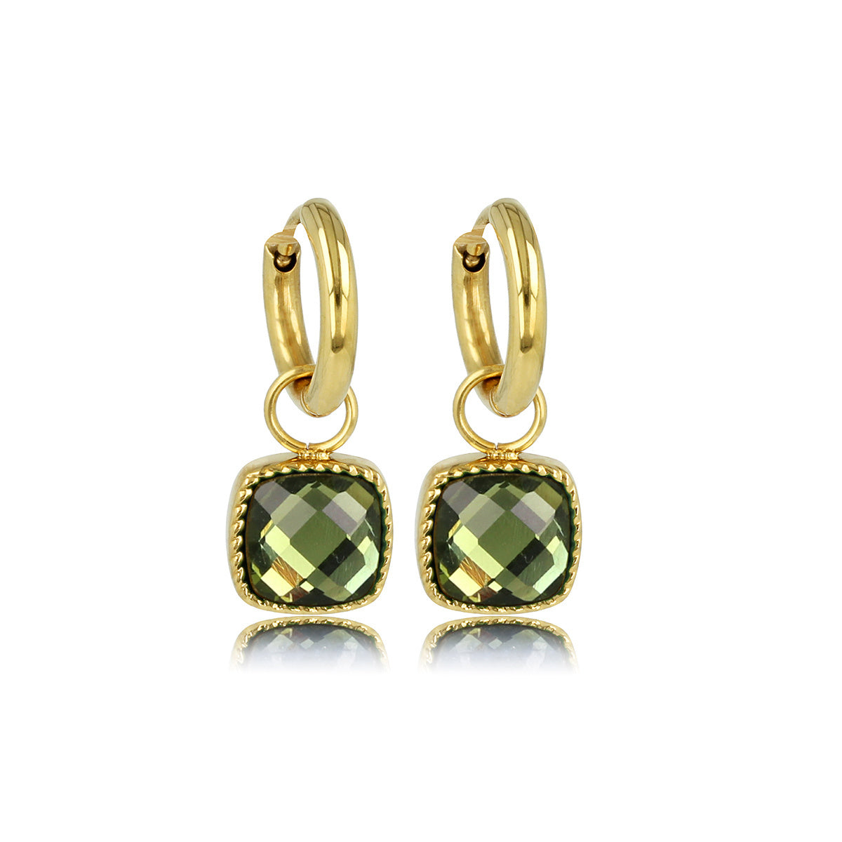 Elegant Gold Earrings with Green Glass Stone