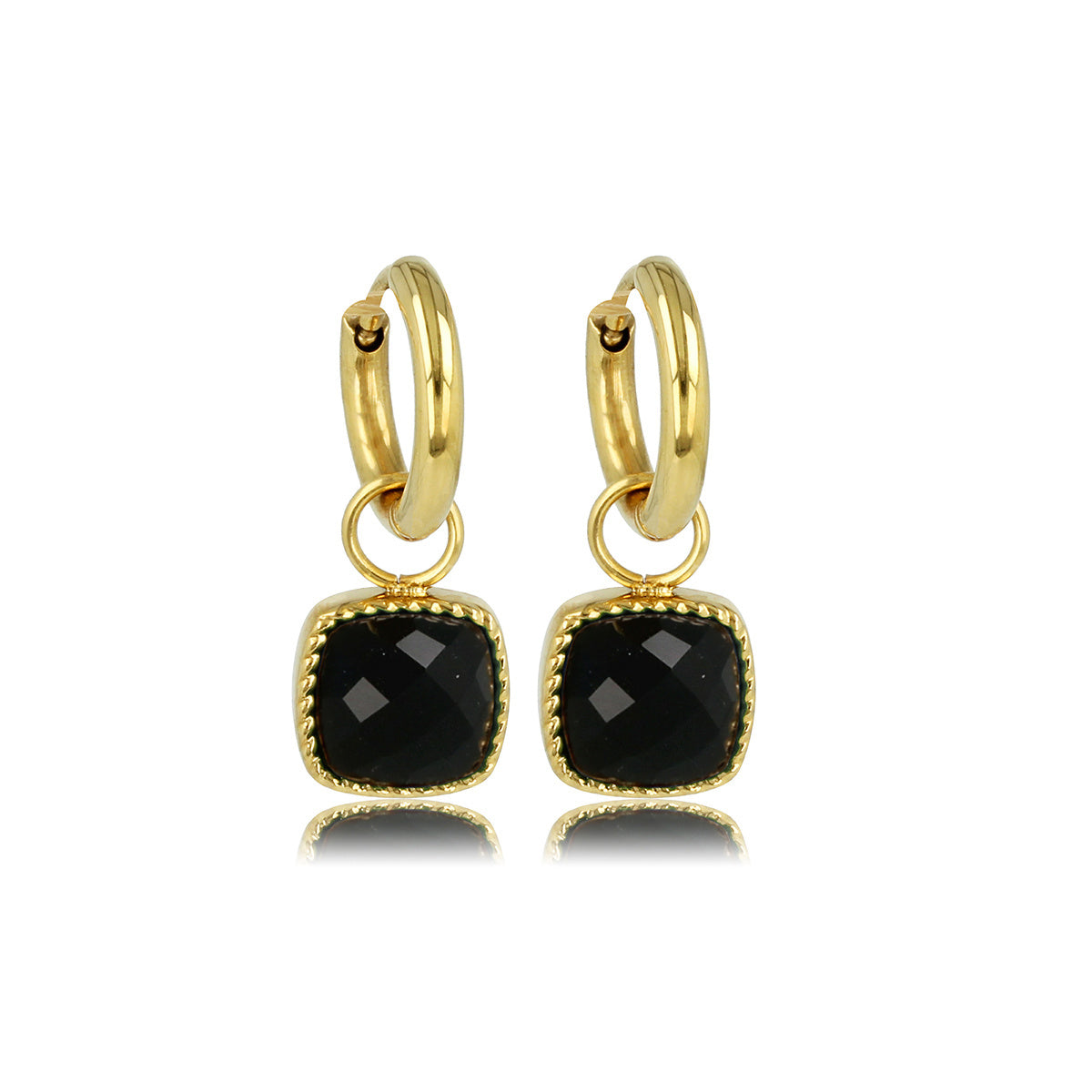 Elegante goldene Ohrringe mit schwarzem quadratischem Stein