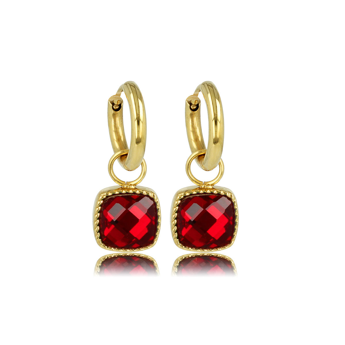 Elegante goldene Ohrringe mit rotem quadratischem Stein
