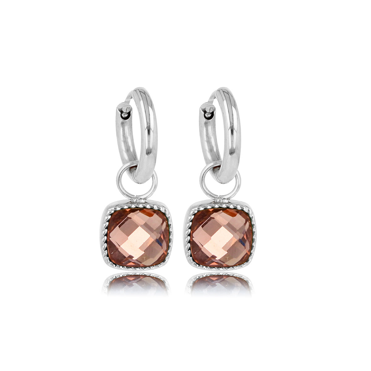 Pink Glass Stone: Silver Earrings with Square Stone