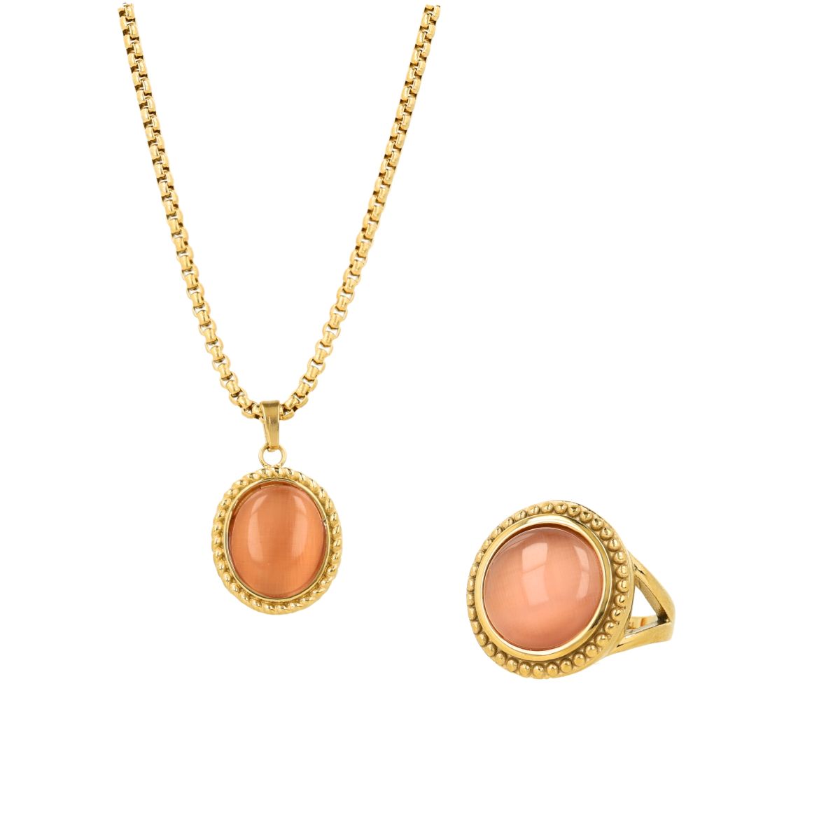 Set vintage goud met Pink Moonstone - Ketting & Ring