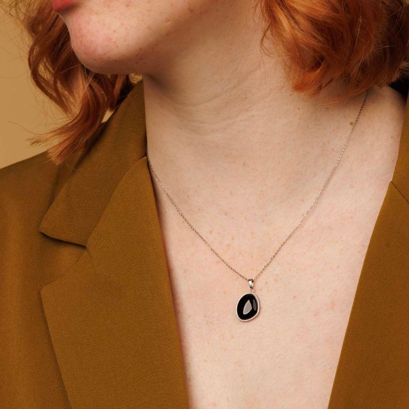 Silver Necklace with Large Round Onyx Pendant