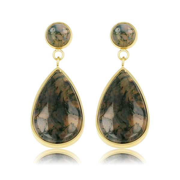 Gouden Oorbel met Moss Agate Druppel Hanger