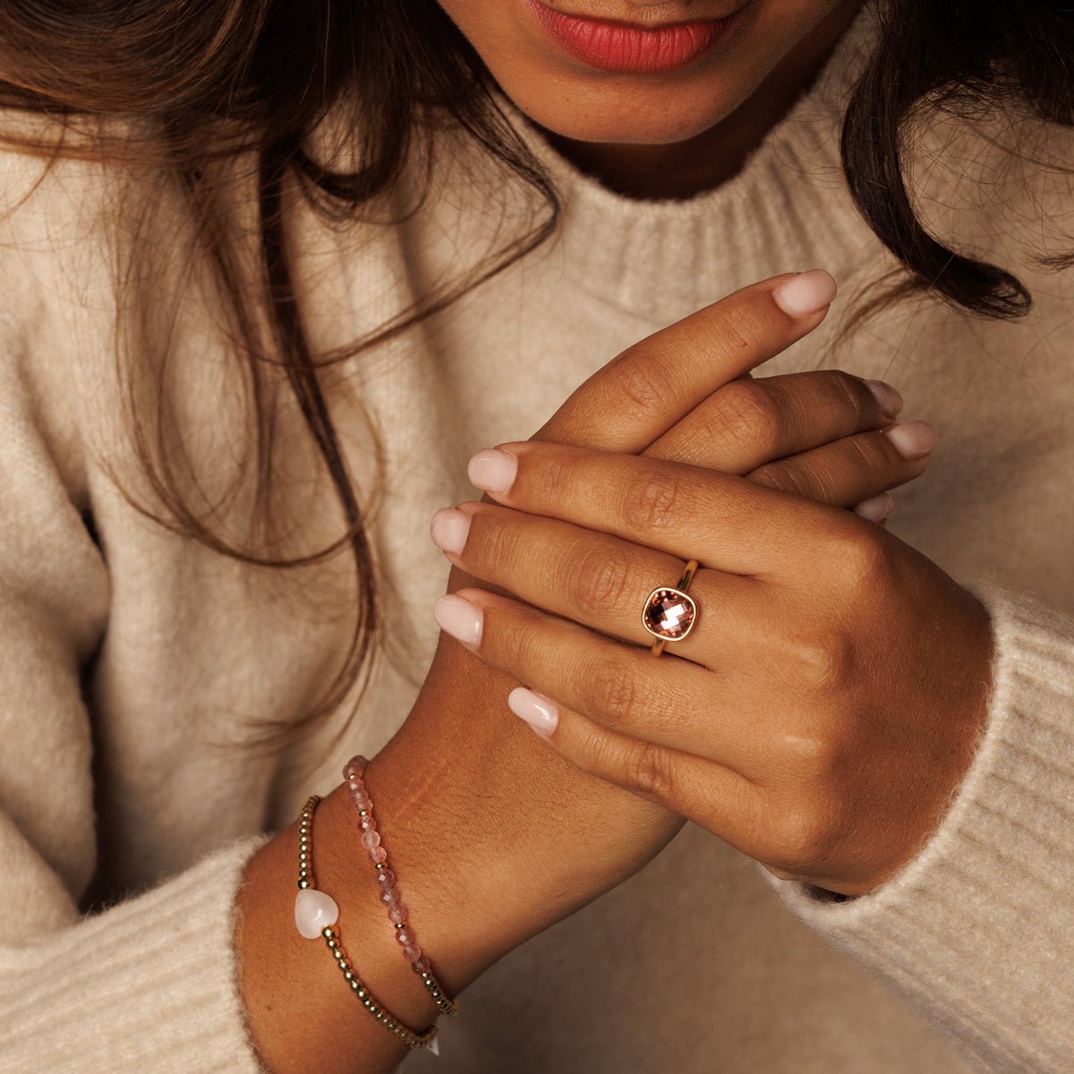 Elastische stainless steel Armband met Rose Quartz Bedel - My Bendel